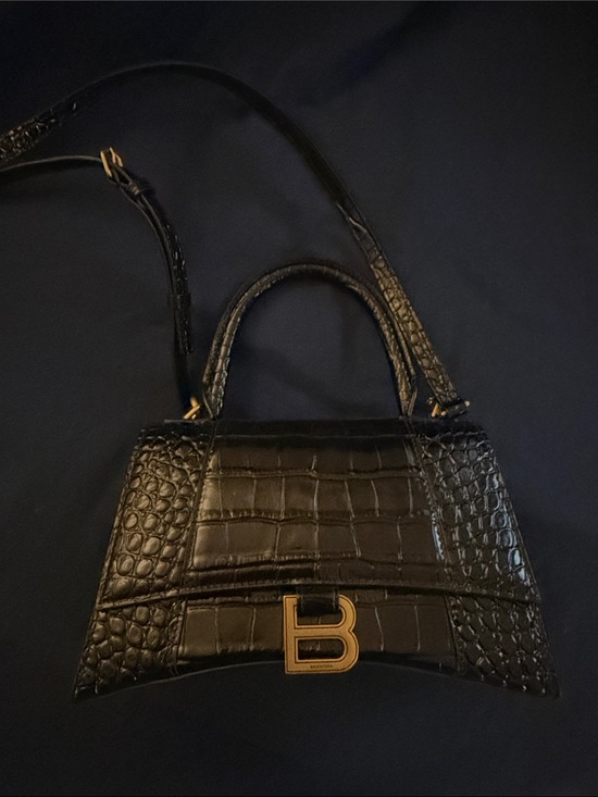 Balenciaga Handbags - Balenciaga Black Croc-Embossed Top Handle Hourglass Small with Gold Hardware